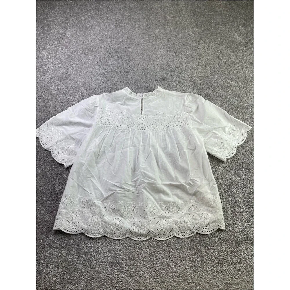 Madewell Embroidered Pintuck High-Neck Top Women’s Medium White Short Sleeve - Picture 8 of 9